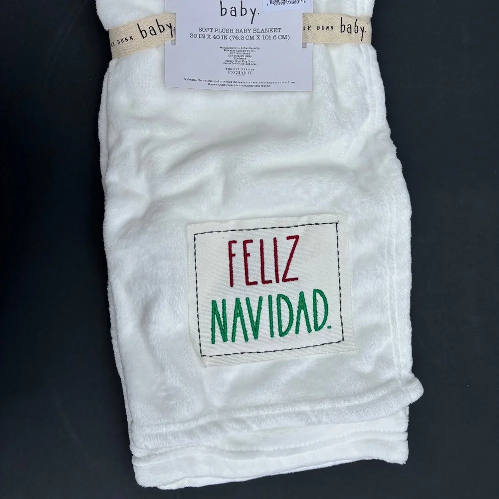 Rae Dunn FELIZ NAVIDAD Christmas Baby Blanket 30” X 40” White Soft Plush Throw
